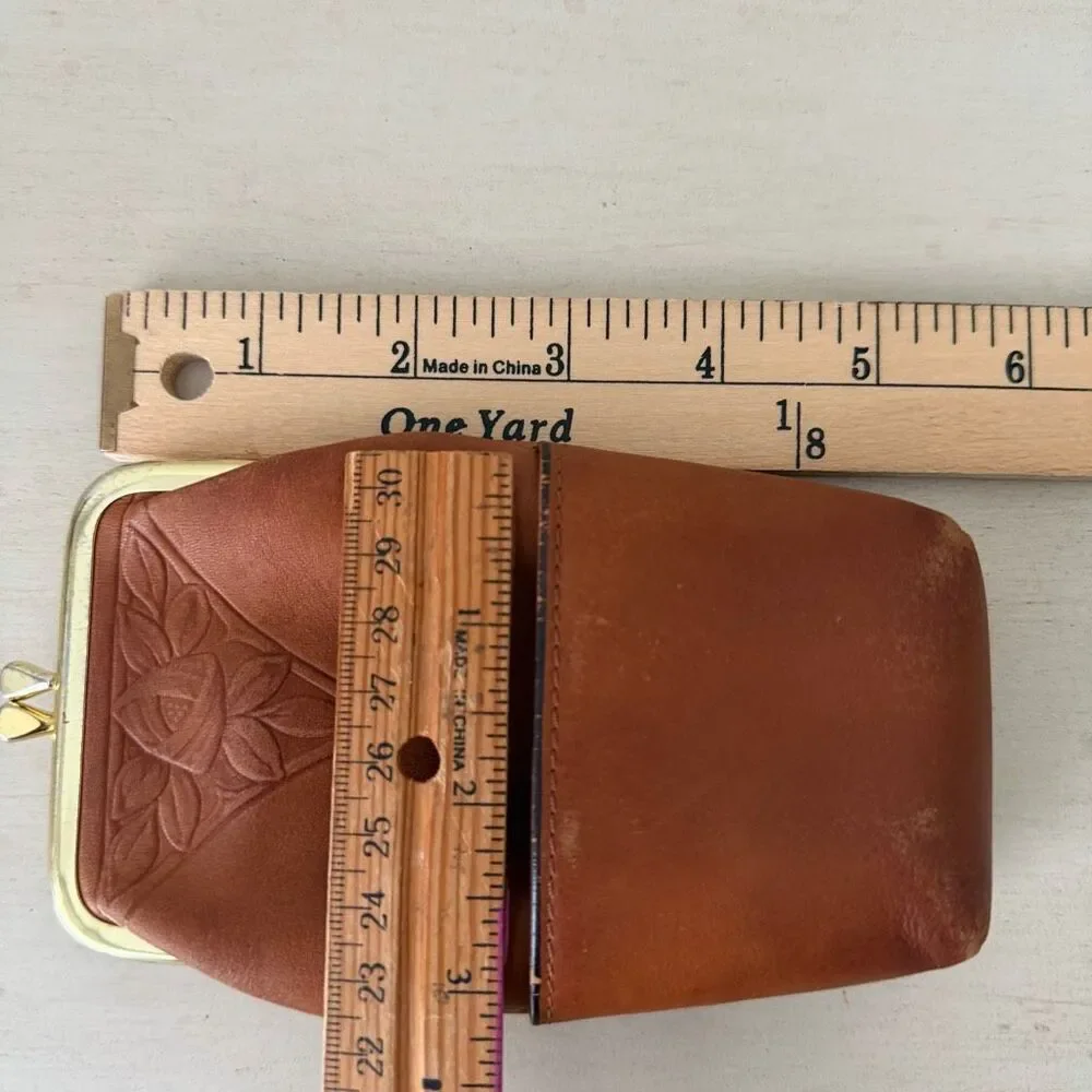 Vintage Rolfs Genuine Leather Cigarette Case Coin Purse Kiss Lock Brown Floral